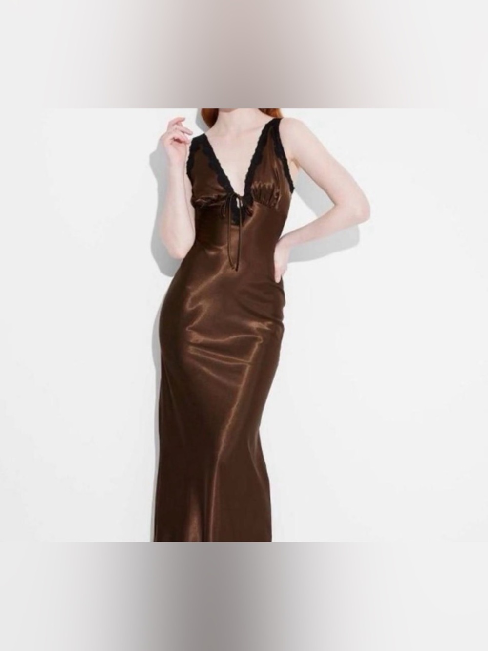 Wild Fable Brown Satin Lace-Trim Slip Maxi Dress Romantic Chic Girly Long Size S